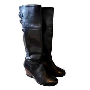 Anthropologie 7 Sanita Leather Wedge Riding Boots Tall Wood Heel COMFORT Black